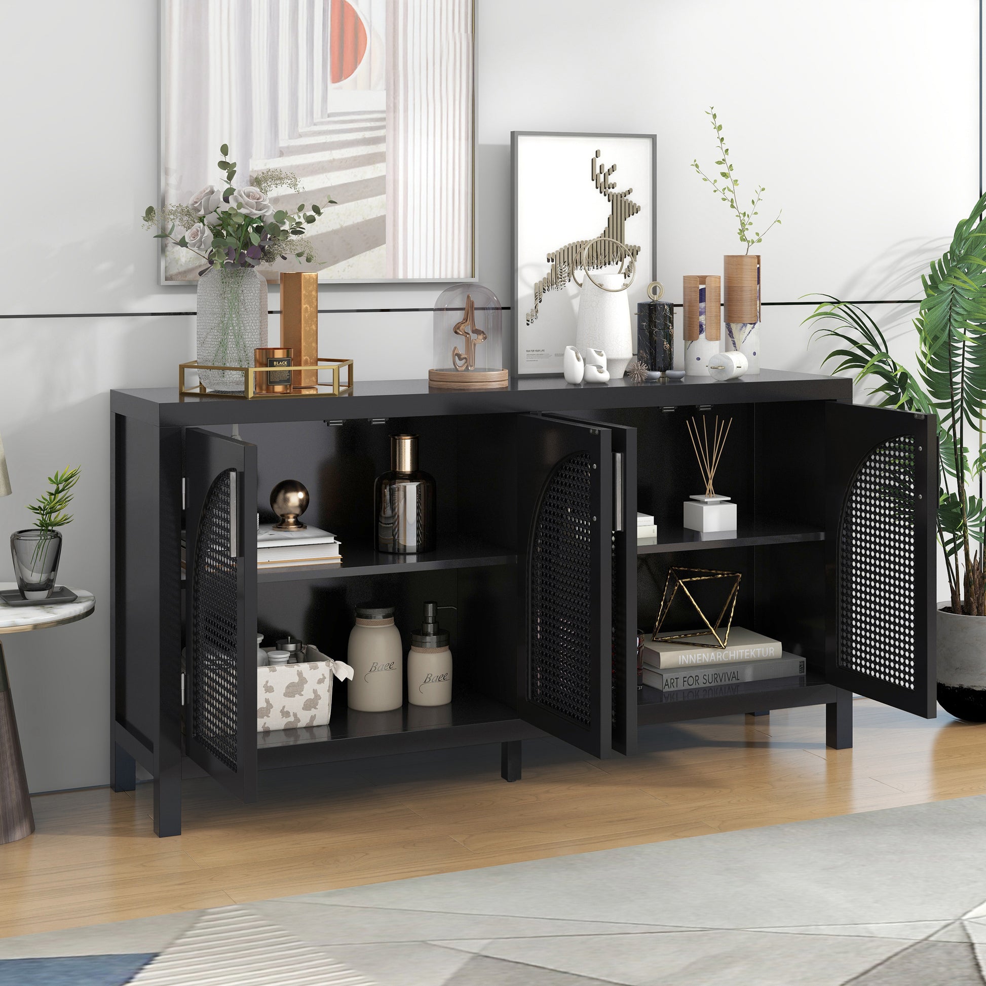 Large Storage Space Sideboard With Artificial Rattan Door And Metal Handles For Living Room And Entryway Black Black Solid Wood Mdf