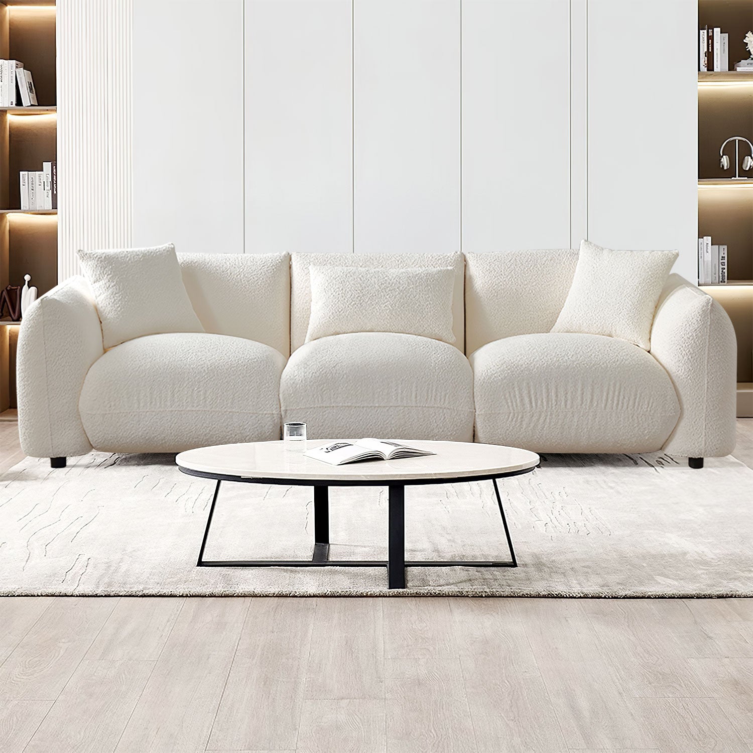 Mid Century Modern Couch 3 Seater Sofa Upholstered For Living Room, Bedroom, Beige Beige Boucle