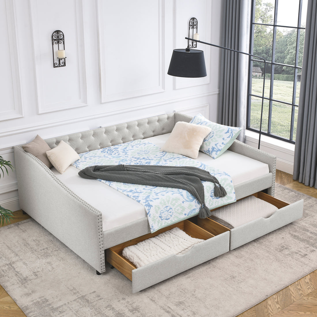 Queen Size Daybed With Drawers Upholstered Tufted Sofa Bed,With Button On Back And Copper Nail On Waved Shape Arms, Beige 84.5"X63.5"X26.5" Beige Linen