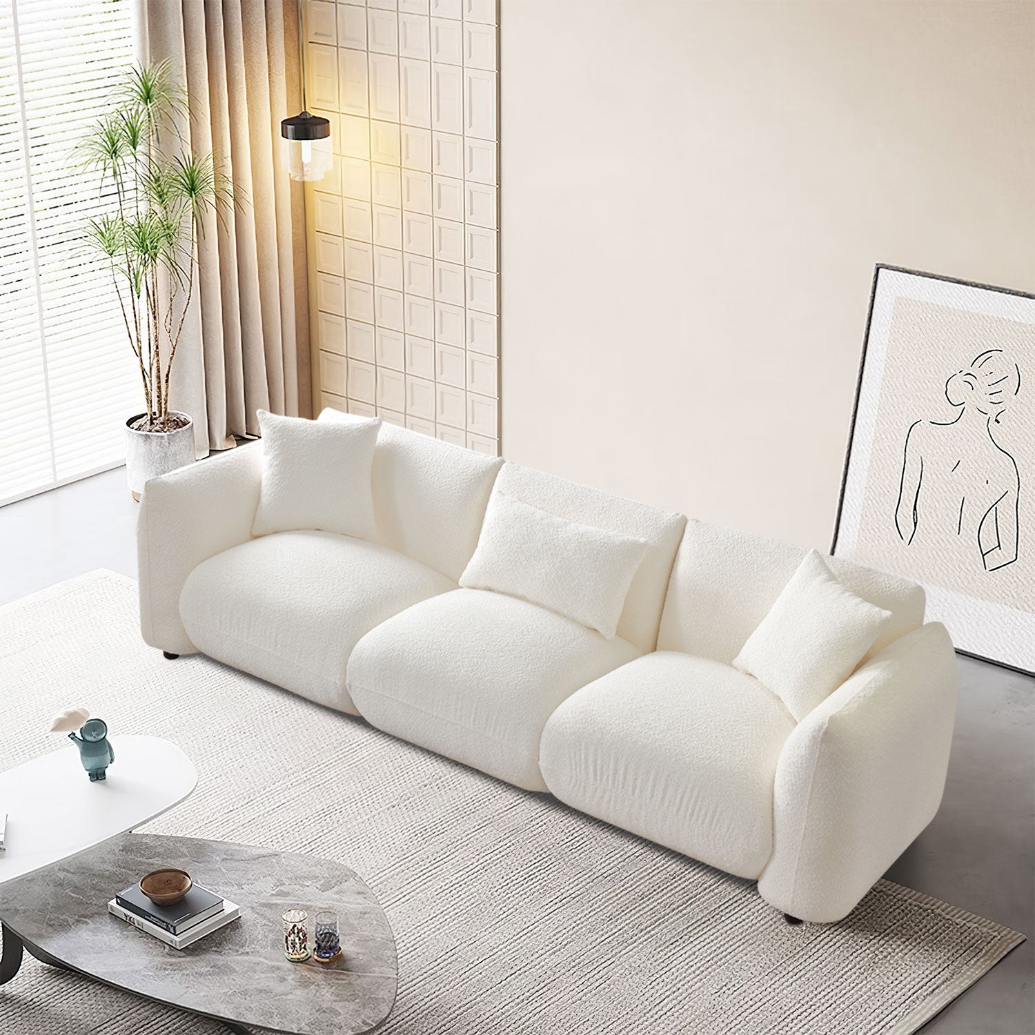 Mid Century Modern Couch 3 Seater Sofa For Livingroom, Beige Beige Boucle