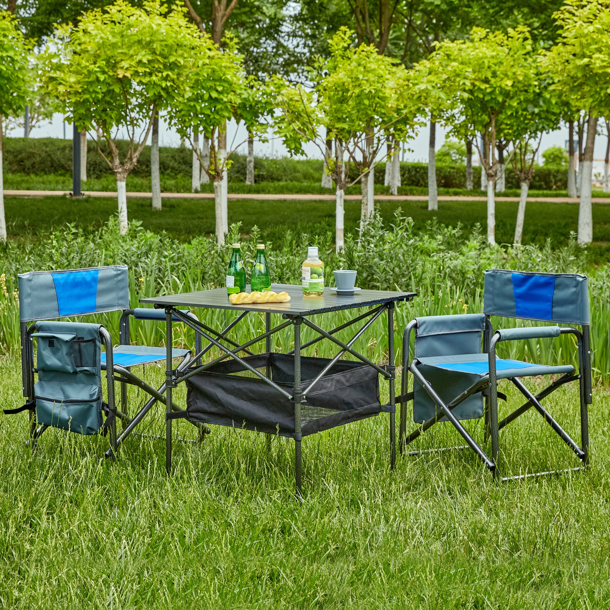 Set Of 3, Folding Outdoor Table And Chairs Set For Indoor, Outdoor Camping, Picnics, Beach,Backyard, Bbq, Party, Patio, Black Blue Black Aluminum