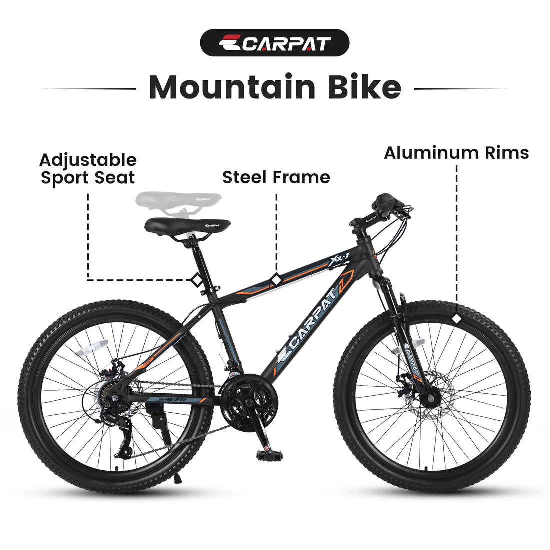 S2410224 Inch Mountain Bike Boys Girls, Steel Frame, Shimano 21 Speed Mountain Bicycle With Daul Disc Brakes And Front Suspension Mtb Orange Steel