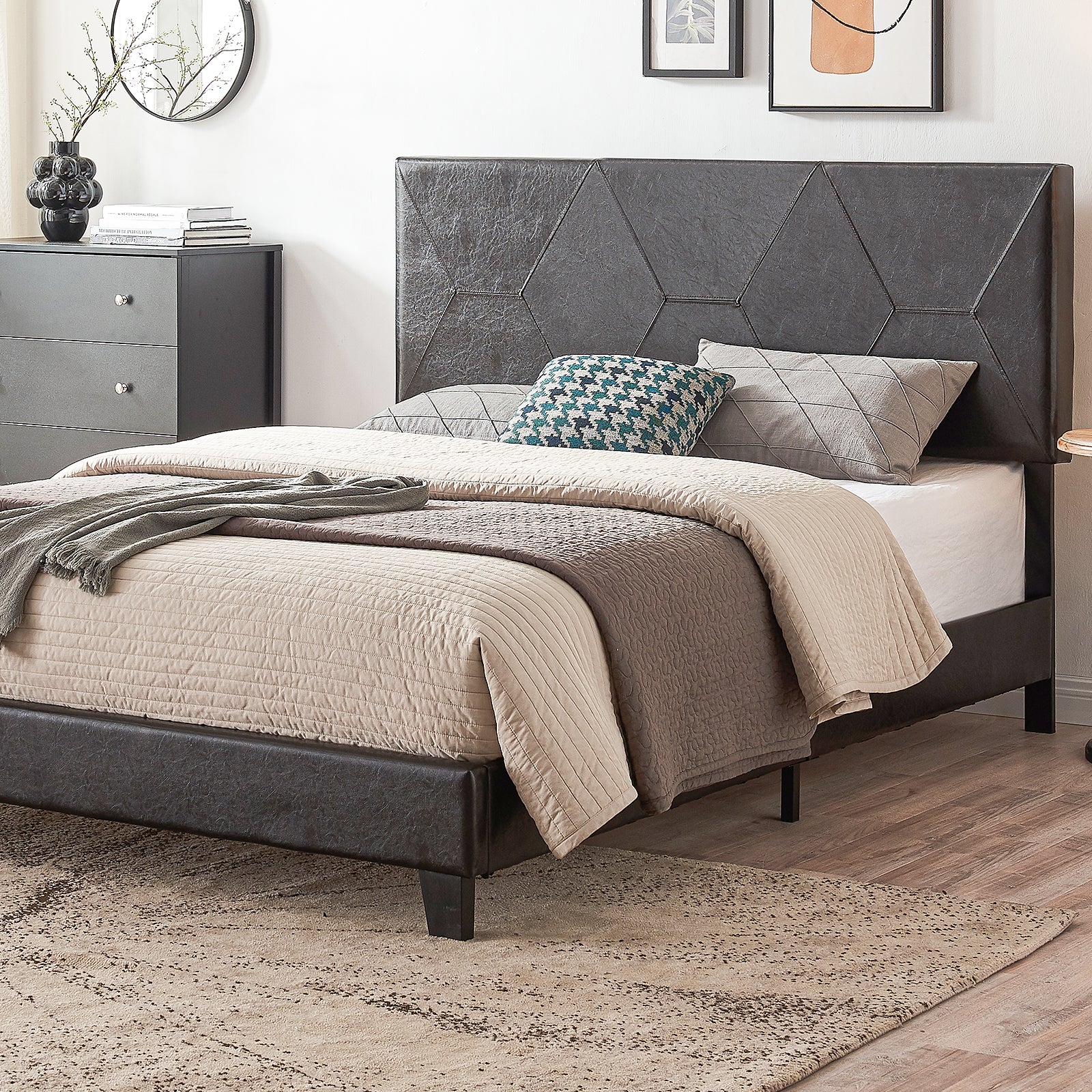 Queen Size Upholstered Platform Bed Frame ,Wood Slat Support, Easy Assembly,Black, Pu Black Pu Pu