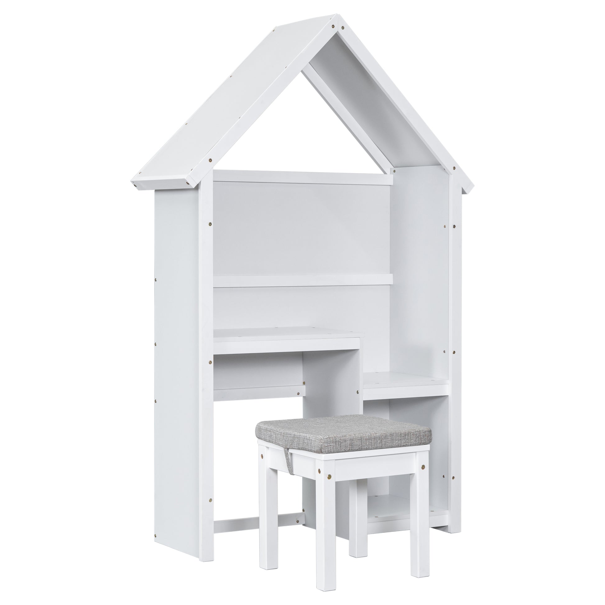 House Shaped Kids Desk With A Cushion Stool,House Style Desk And Stool Set,White White Bedroom American Design Pine Pine