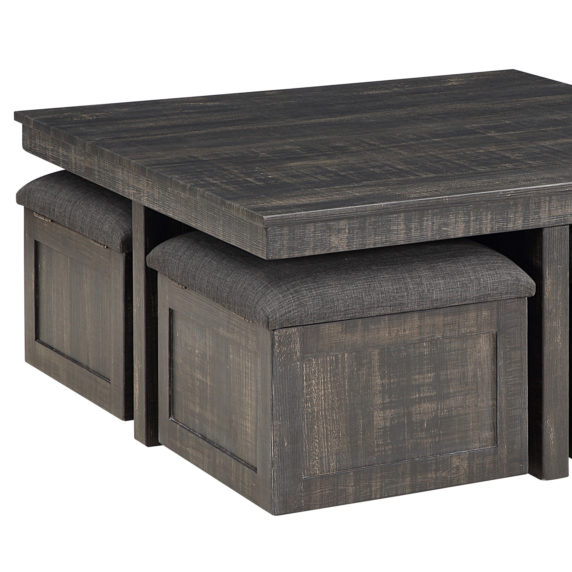 Moseberg 38" Gray Oak Coffee Table With Storage Stools Gray Rubber Wood