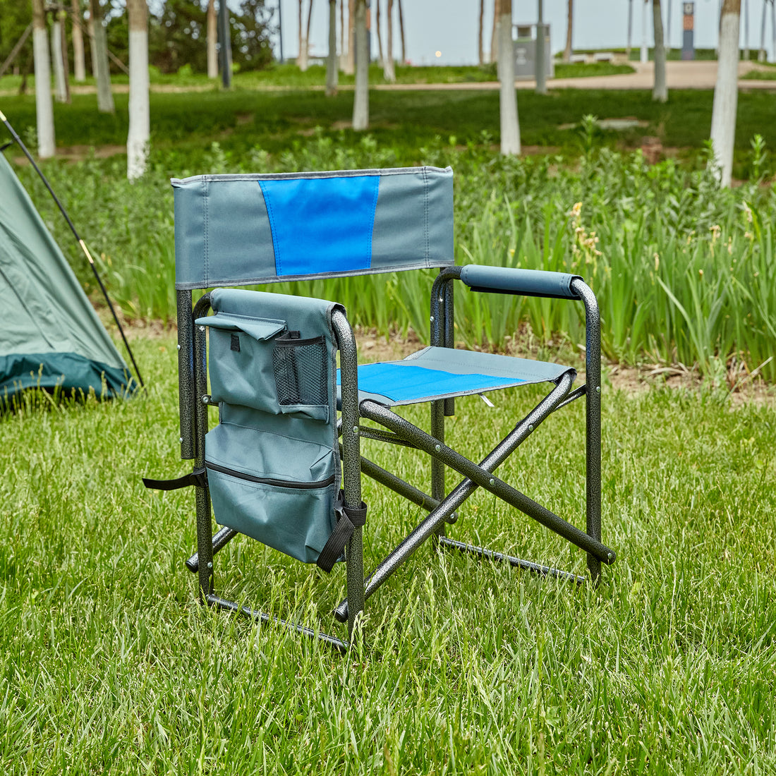 1 Piece Padded Folding Outdoor Chair With Storage Pockets,Lightweight Oversized Directors Chair For Indoor, Outdoor Camping, Picnics And Fishing,Blue Grey Blue Grey Steel