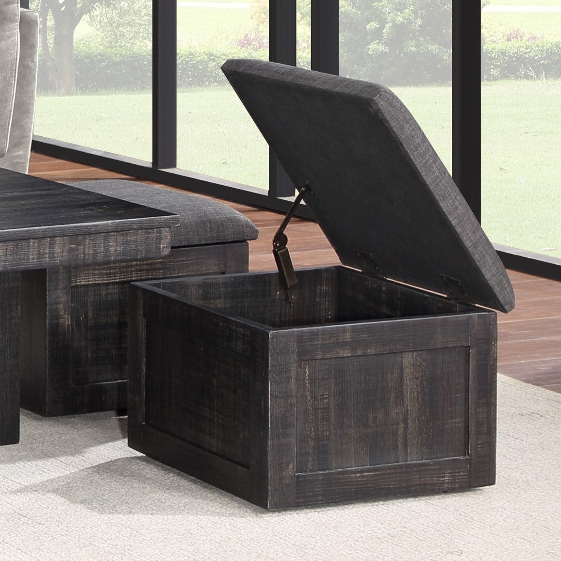 Moseberg 38" Gray Oak Coffee Table With Storage Stools Gray Rubber Wood