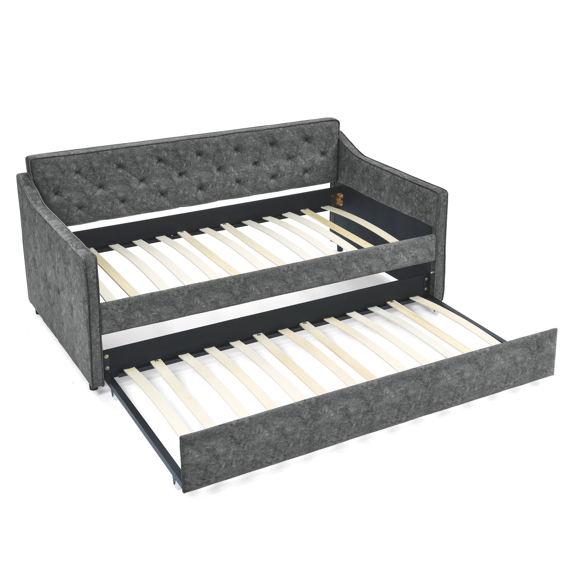 Twin Size Daybed With Twin Size Trundle Upholstered Tufted Sofa Bed, Waved Shape Arms, Grey 80.5"X44.5"X33.5" Grey Polyester