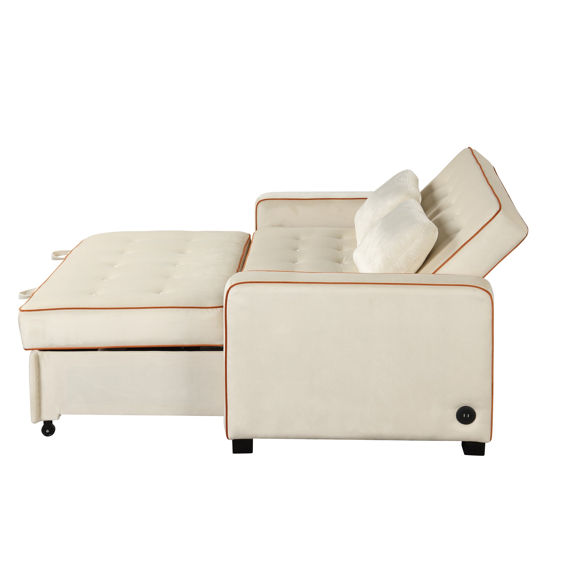 66.5" Velvet Upholstered Sleeper Bedpull Out Sofa Bed Couch Attached Two Throw Pillows,Dual Usb Charging Port And Adjustable Backrest For Living Room Space, Light Beige Beige Foam Velvet 2 Seat