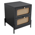 4 Pieces Modern Cannage Rattan Platform Queen Bed Nightstand*2 Dresser, Black Black Wood