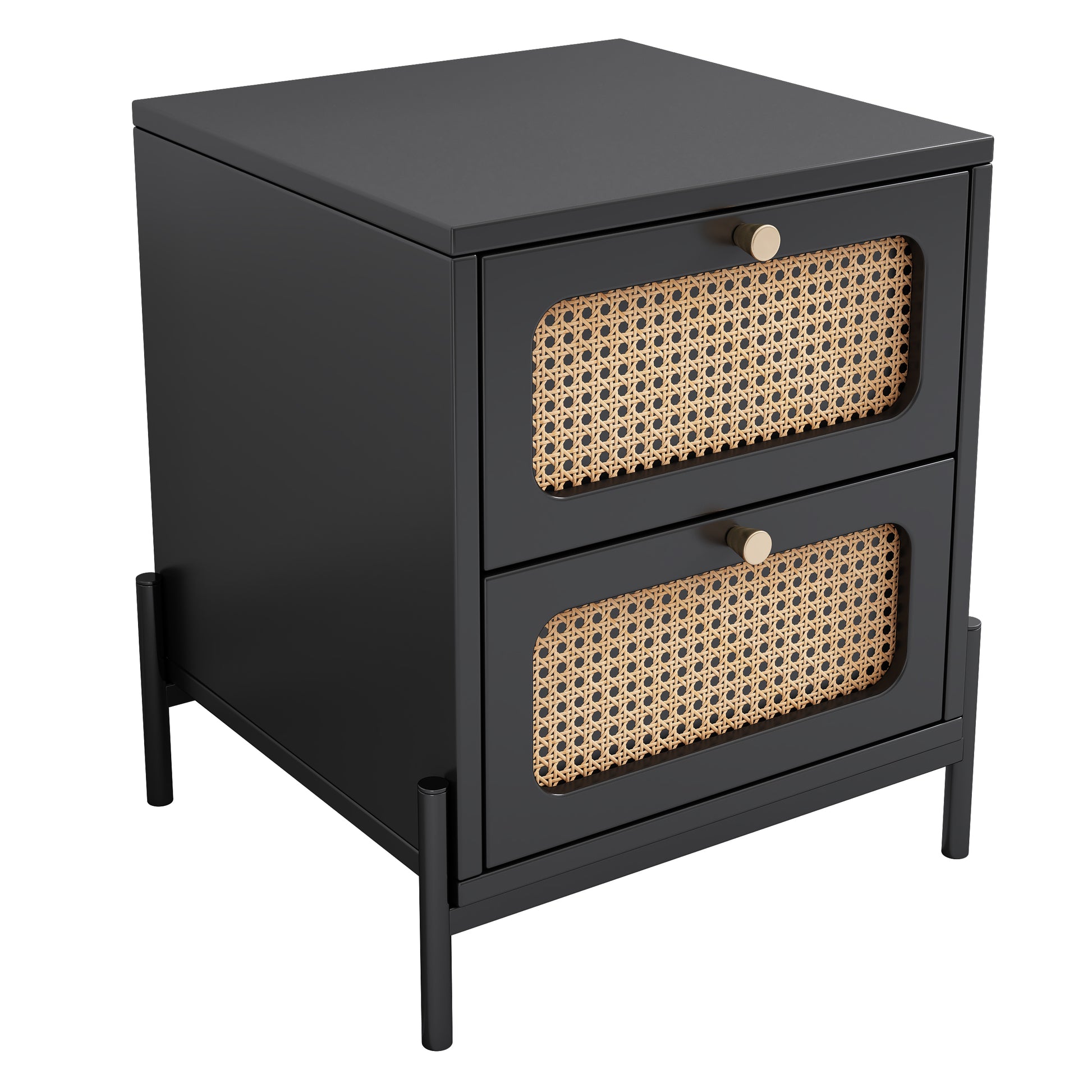 4 Pieces Modern Cannage Rattan Platform Queen Bed Nightstand*2 Dresser, Black Black Wood