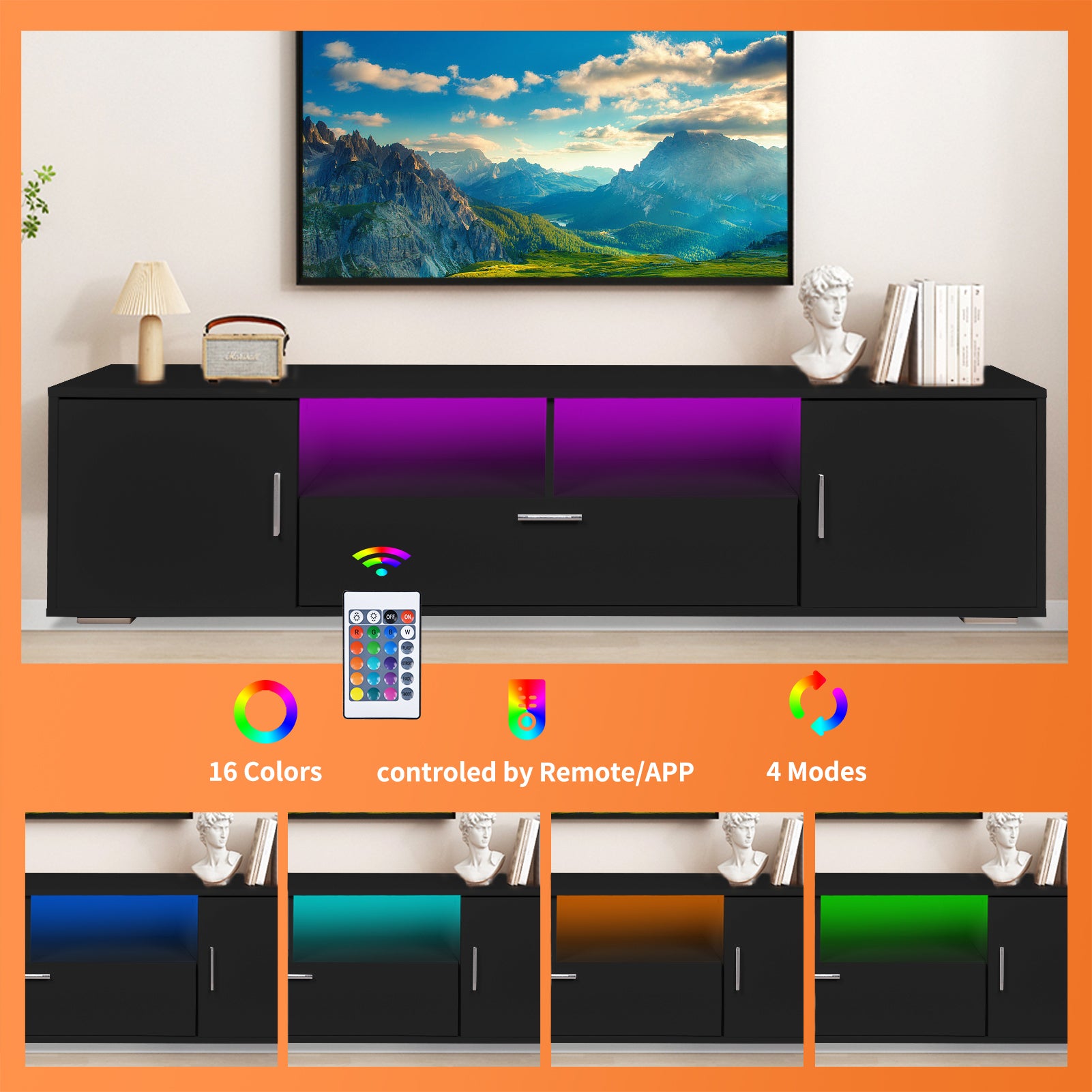 Modern Tv Stand With Led Lights Entertainment Center Tv Cabinet With Storage For Up To 75 Inch For Gaming Living Room Bedroom Black 70 79 Inches Particle Board