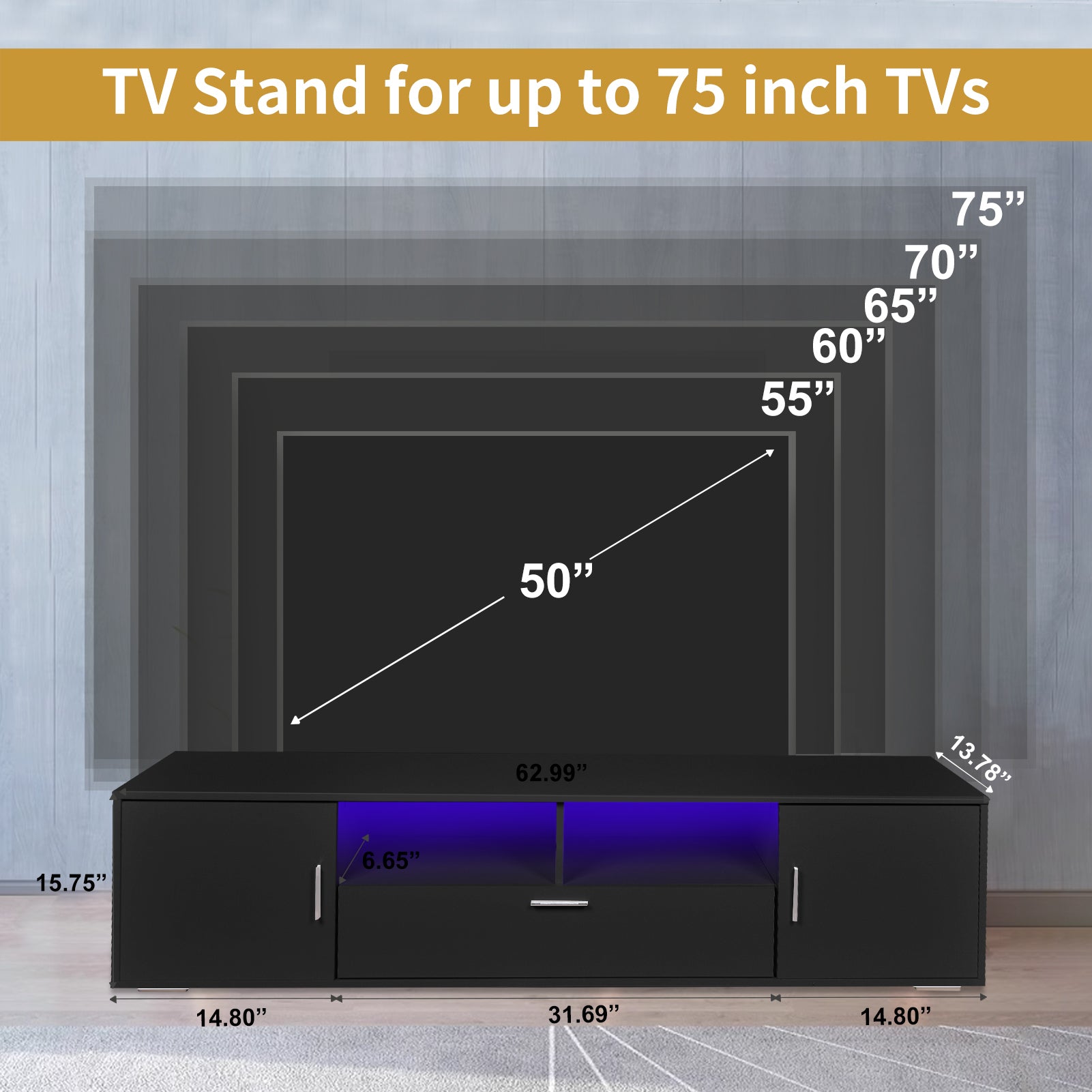 Modern Tv Stand With Led Lights Entertainment Center Tv Cabinet With Storage For Up To 75 Inch For Gaming Living Room Bedroom Black 70 79 Inches Particle Board