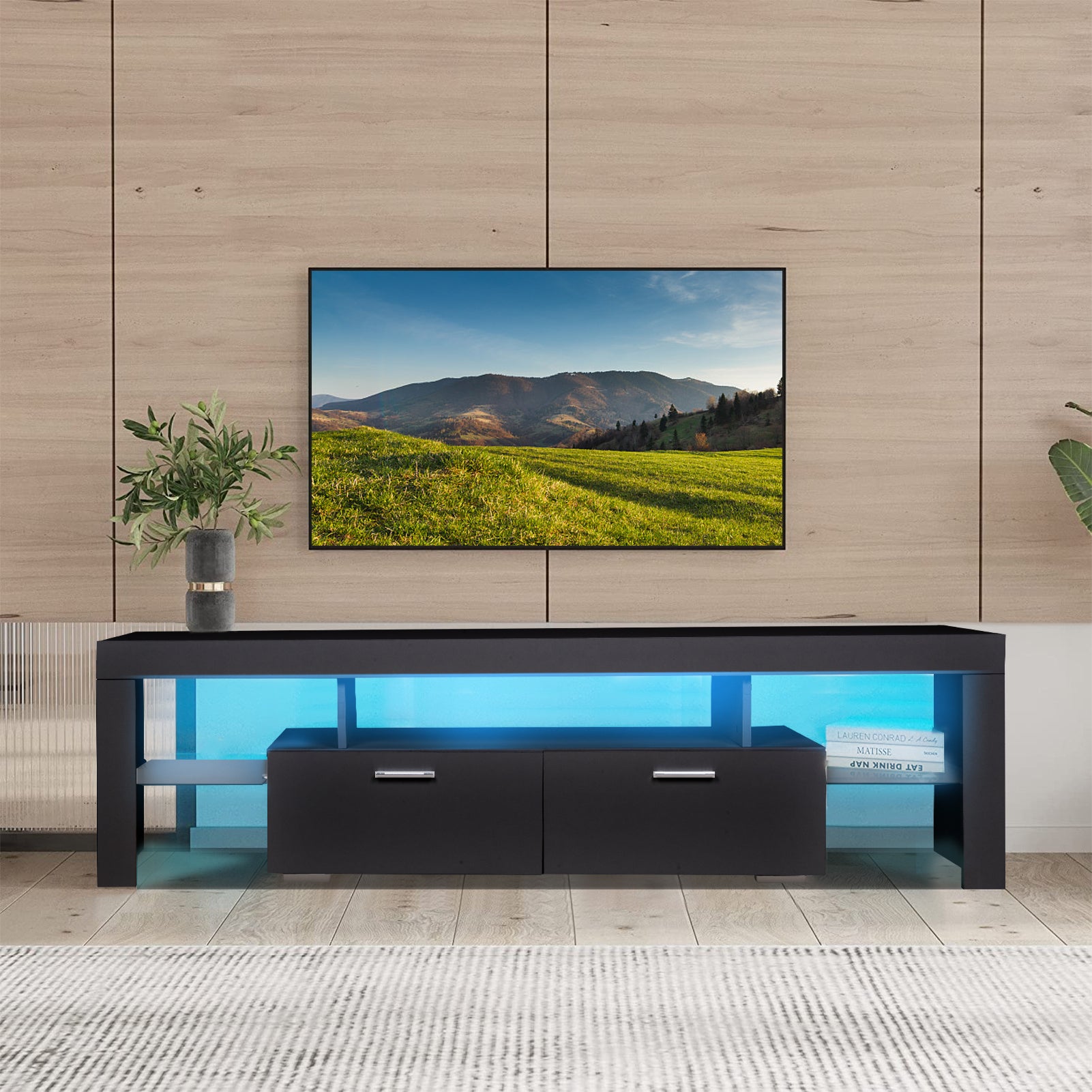 Led Tv Stand Modern Tv Stand With Storage Entertainment Center With Drawer Tv Cabinet For Up To 75 Inch For Gaming Living Room Bedroom Black Particle Board