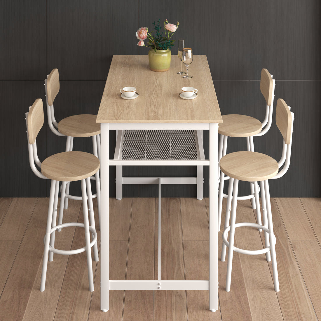 5 Piece Kitchen Counter Height Table Set, Bar Table With 4 Chairs White Oak Seats 4 Mdf