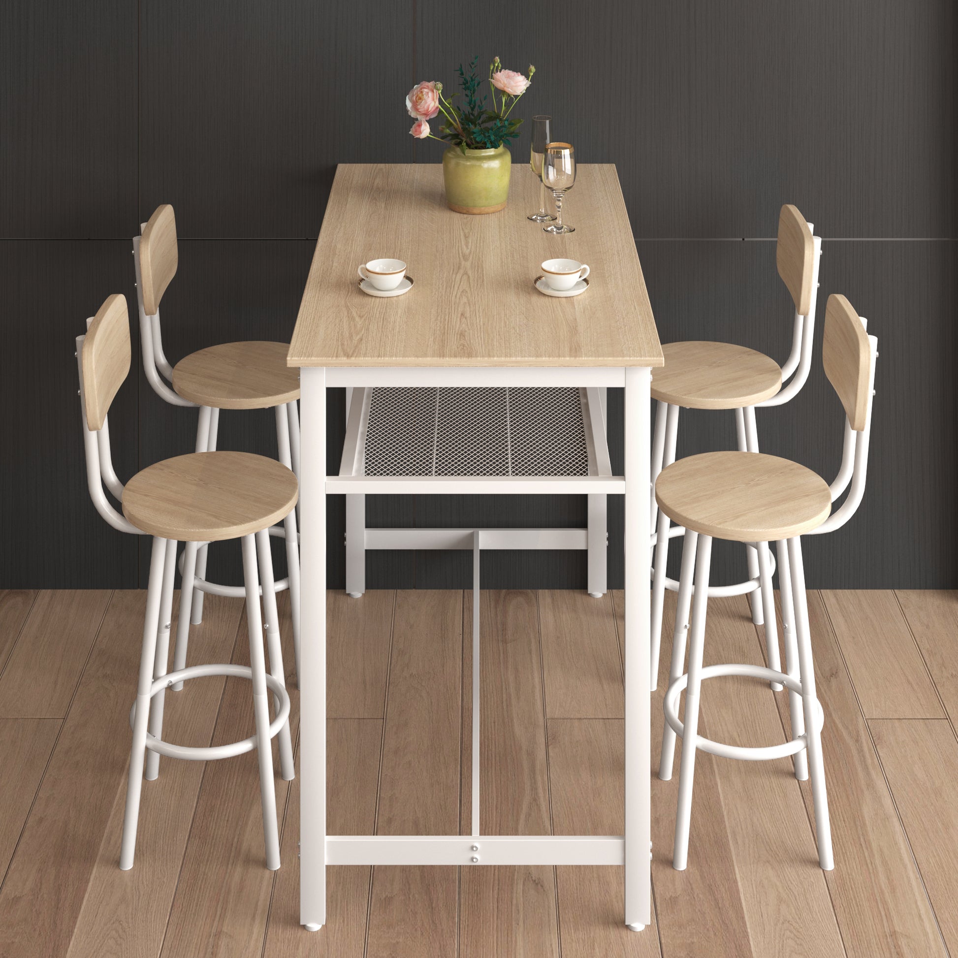 5 Piece Kitchen Counter Height Table Set, Bar Table With 4 Chairs White Oak Seats 4 Mdf