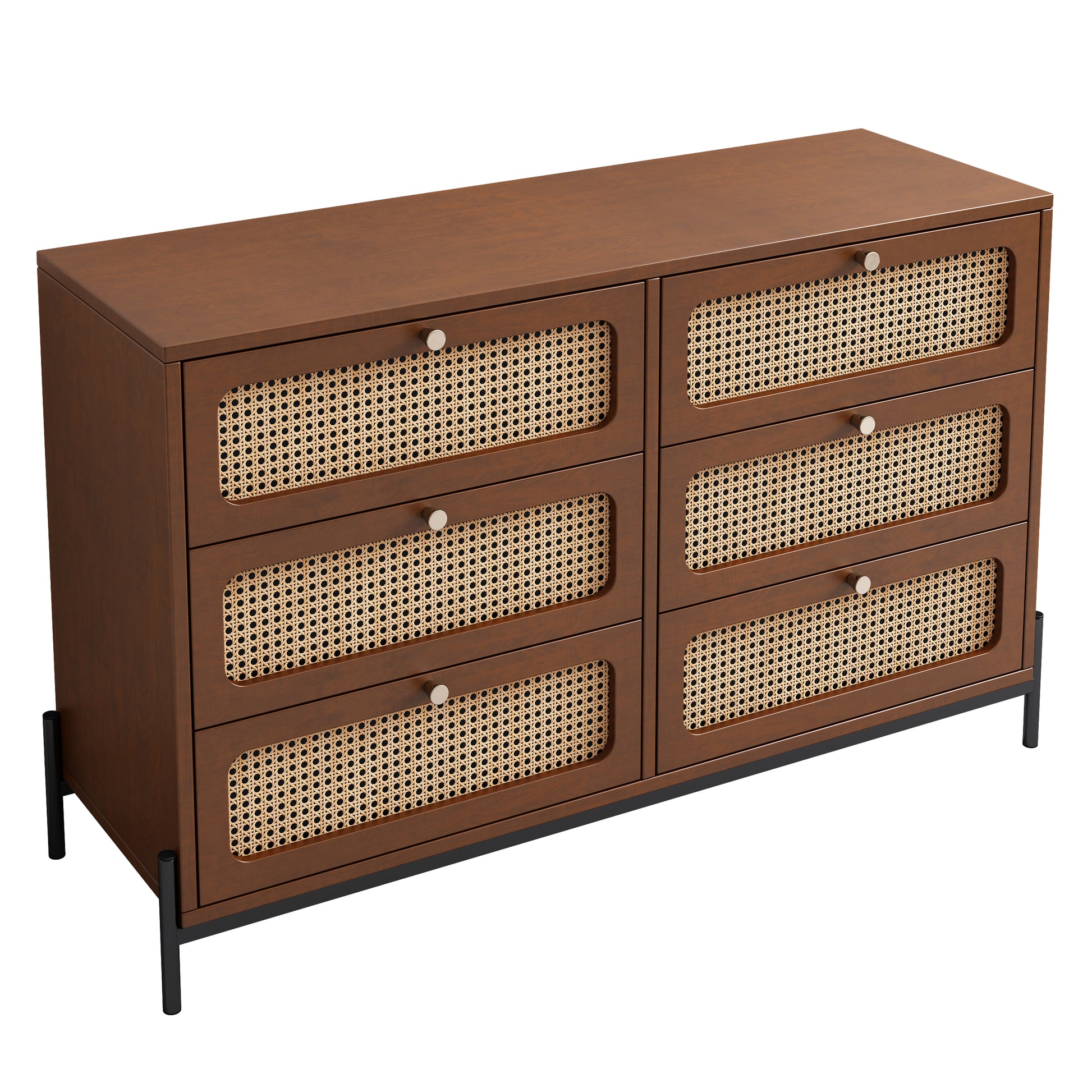 Modern Cannage Rattan Wood Closet 6 Drawer Dresser Wood Storage Cabinet Sideboard For Bedroom, Living Room, Entryway, Hallway, Walnut Walnut Wood