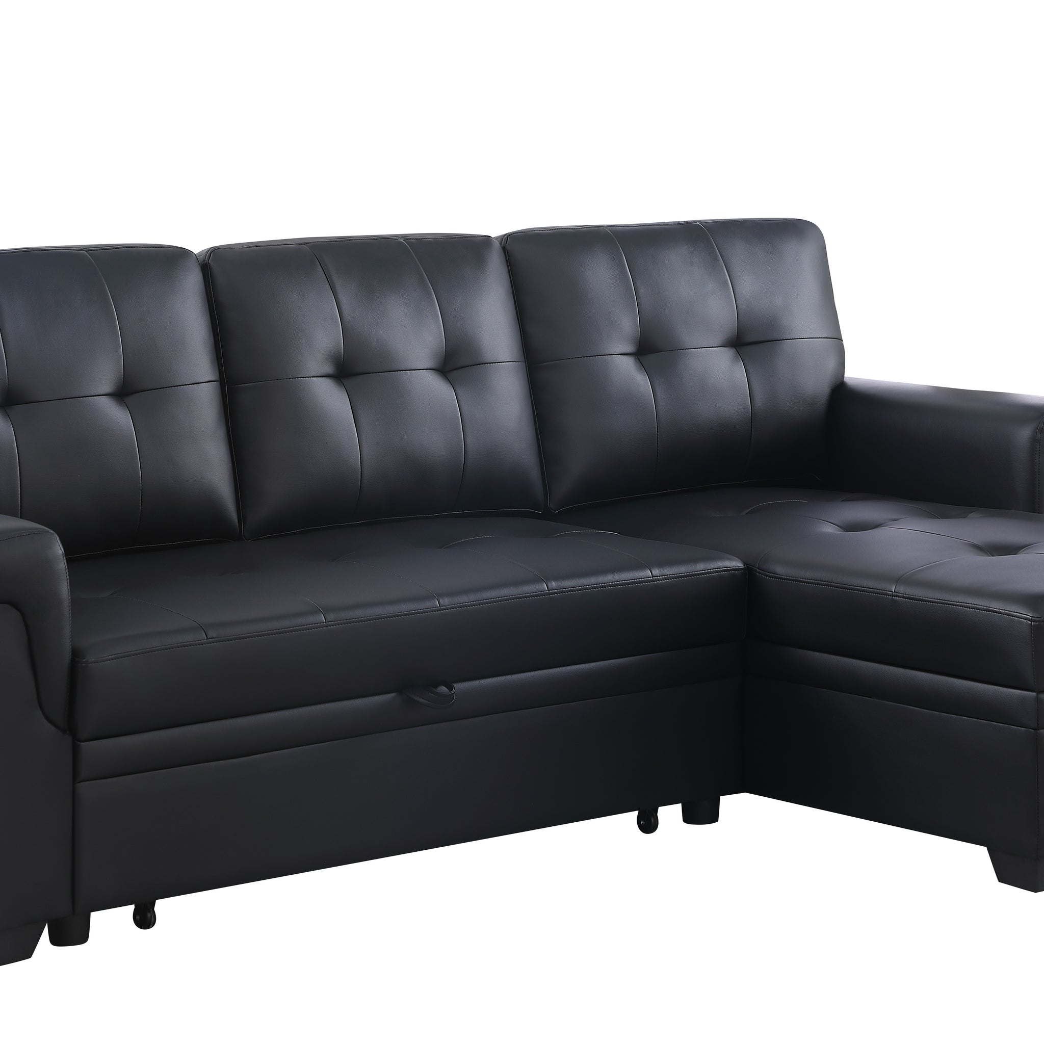 Lexi 83.5" Black Vegan Leather Modern Reversible Sleeper Sectional Sofa With Storage Chaise Black Pu Leather