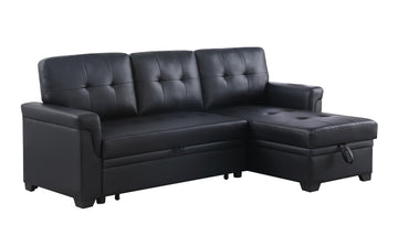 Lexi 83.5" Black Vegan Leather Modern Reversible Sleeper Sectional Sofa With Storage Chaise Black Pu Leather