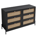 4 Pieces Modern Cannage Rattan Platform Queen Bed Nightstand*2 Dresser, Black Black Wood