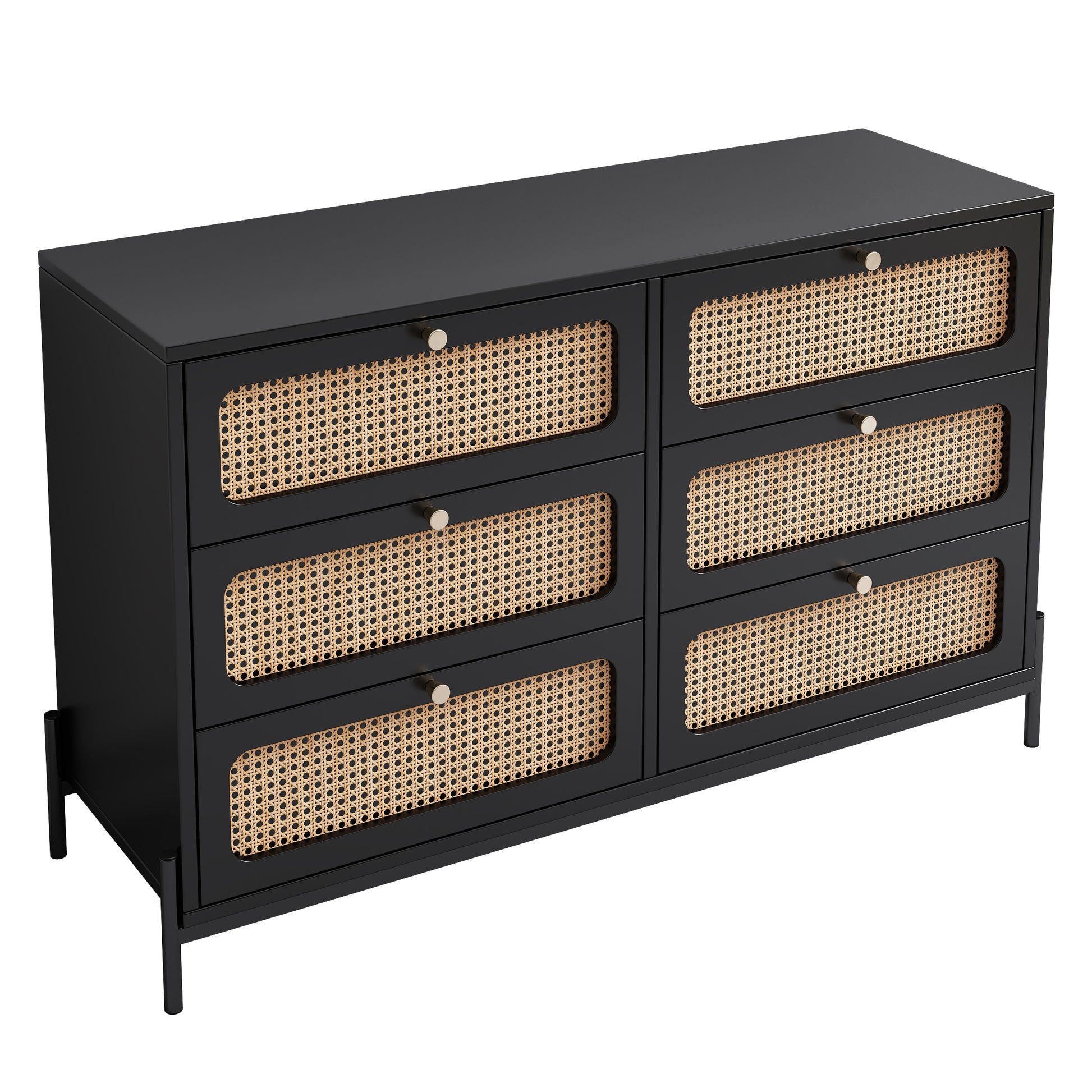 4 Pieces Modern Cannage Rattan Platform Queen Bed Nightstand*2 Dresser, Black Black Wood