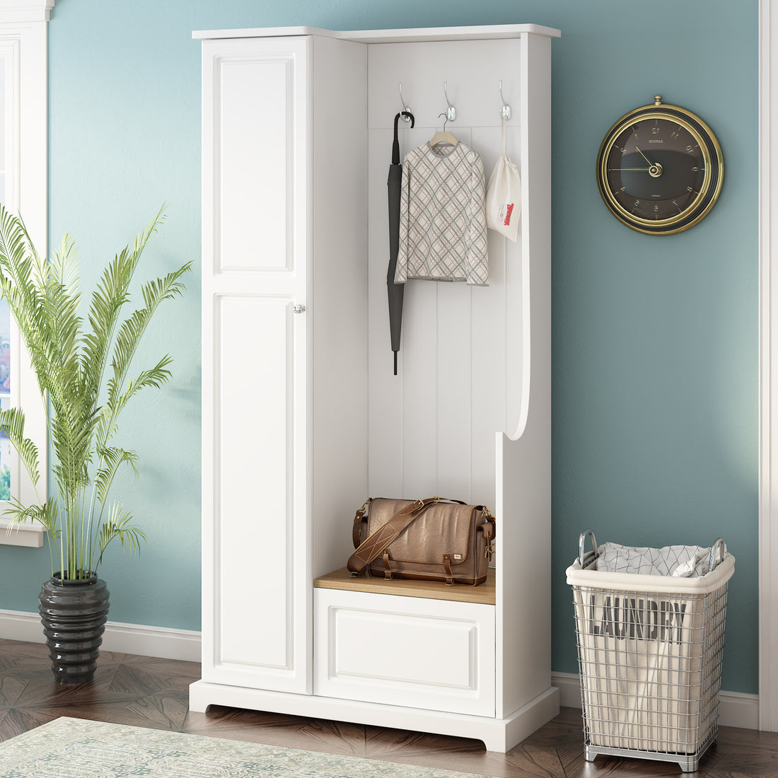 Stylish Design Hall Tree With Flip Up Bench, Minimalist Hallway Shoe Cabinet With Adjustable Shelves, Multifunctional Furniture With Hanging Hooks For Entryways, Mudroom, White High Back White