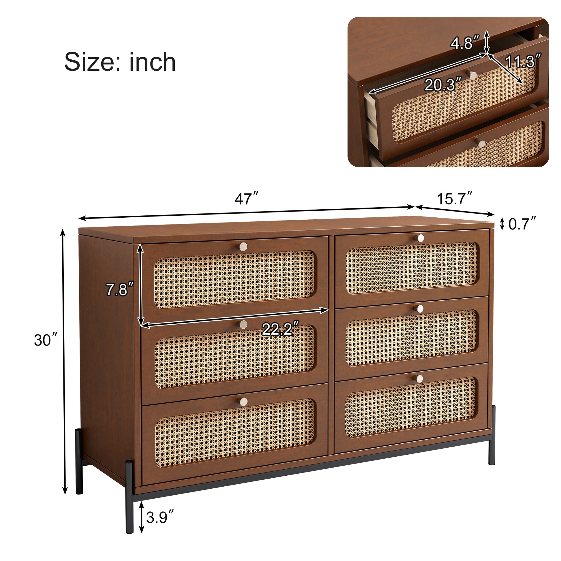 Modern Cannage Rattan Wood Closet 6 Drawer Dresser Wood Storage Cabinet Sideboard For Bedroom, Living Room, Entryway, Hallway, Walnut Walnut Wood