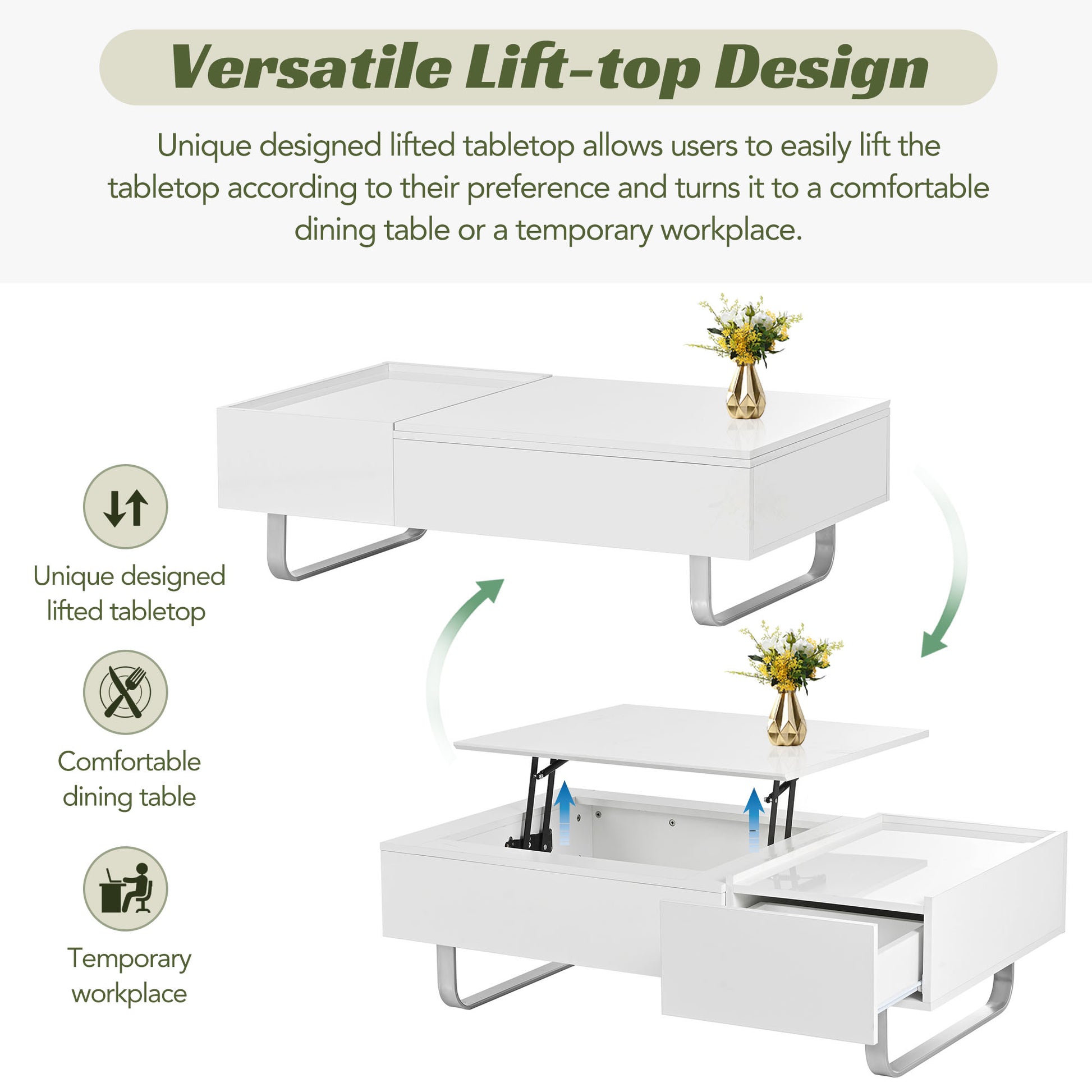 Multi Functional Coffee Table With Lifted Tabletop, Contemporary Cocktail Table With Metal Frame Legs, High Gloss Surface Dining Table For Living Room, White White Soft Close Drawers Primary Living Space Contemporary Manual Freestanding Rectangular Hutch