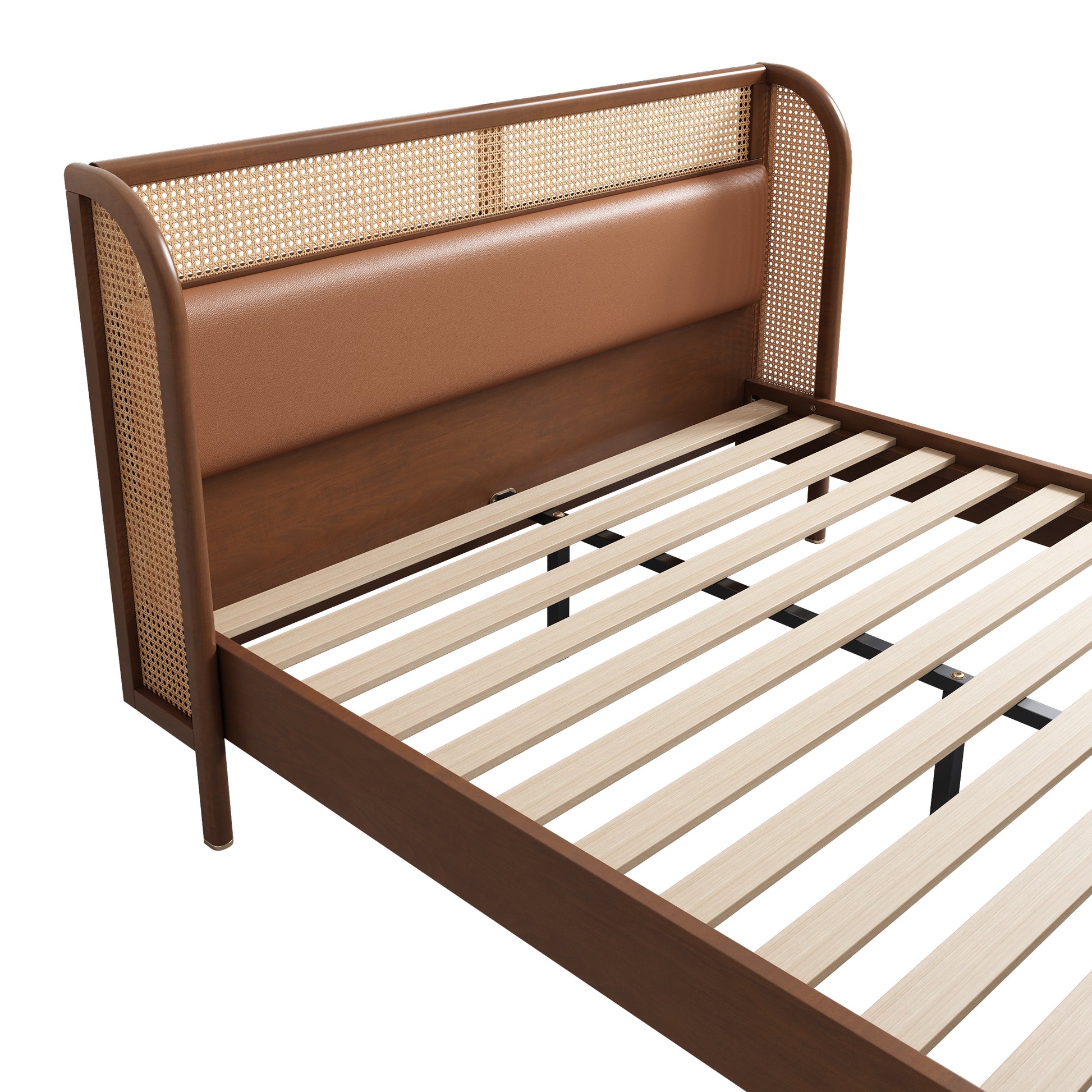 Modern Cannage Rattan Wood Platform Queen Bed, Walnut Walnut Wood
