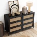 4 Pieces Modern Cannage Rattan Platform Queen Bed Nightstand*2 Dresser, Black Black Wood