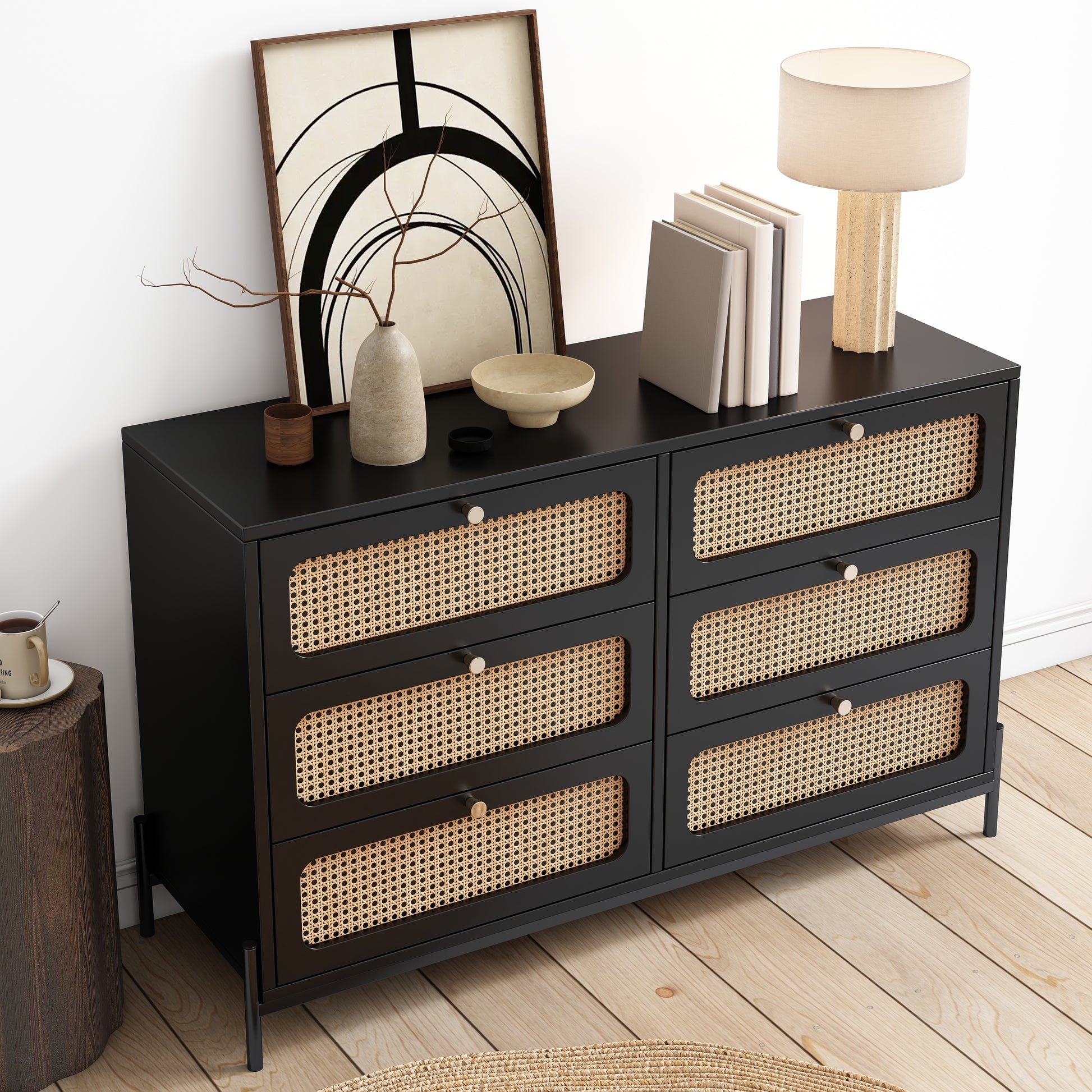 4 Pieces Modern Cannage Rattan Platform Queen Bed Nightstand*2 Dresser, Black Black Wood
