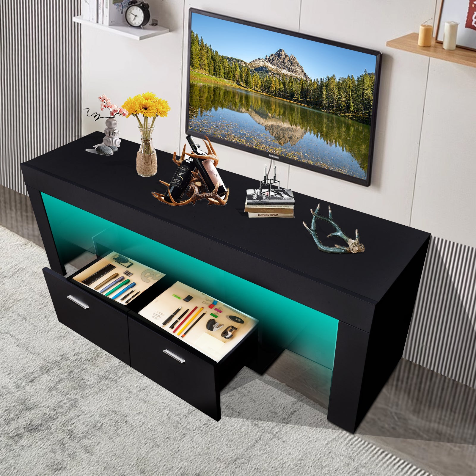 Led Tv Stand Modern Tv Stand With Storage Entertainment Center With Drawer Tv Cabinet For Up To 75 Inch For Gaming Living Room Bedroom Black Particle Board