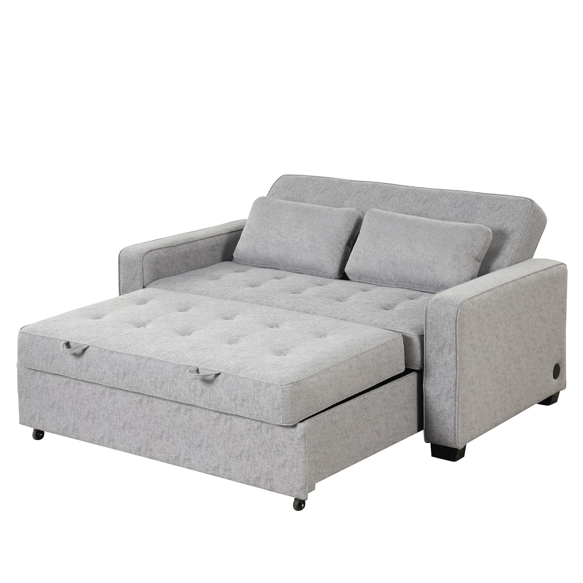 66.5" Linen Upholstered Sleeper Bedpull Out Sofa Bed Couch Attached Two Throw Pillows,Dual Usb Charging Port And Adjustable Backrest For Living Room Space, Gray Gray Foam Linen 2 Seat