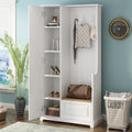 Stylish Design Hall Tree With Flip Up Bench, Minimalist Hallway Shoe Cabinet With Adjustable Shelves, Multifunctional Furniture With Hanging Hooks For Entryways, Mudroom, White High Back White