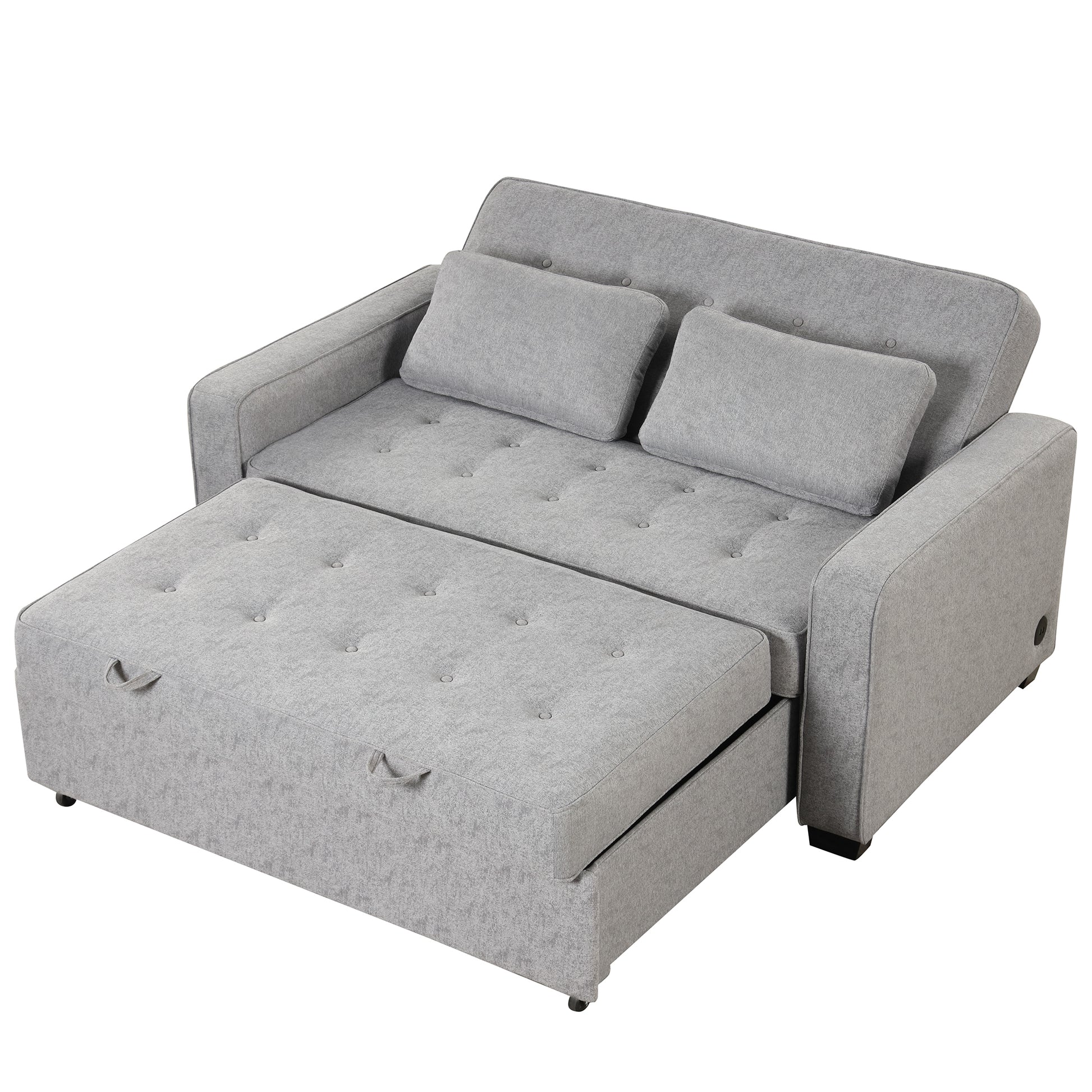 66.5" Linen Upholstered Sleeper Bedpull Out Sofa Bed Couch Attached Two Throw Pillows,Dual Usb Charging Port And Adjustable Backrest For Living Room Space, Gray Gray Foam Linen 2 Seat