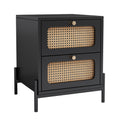 4 Pieces Modern Cannage Rattan Platform Queen Bed Nightstand*2 Dresser, Black Black Wood