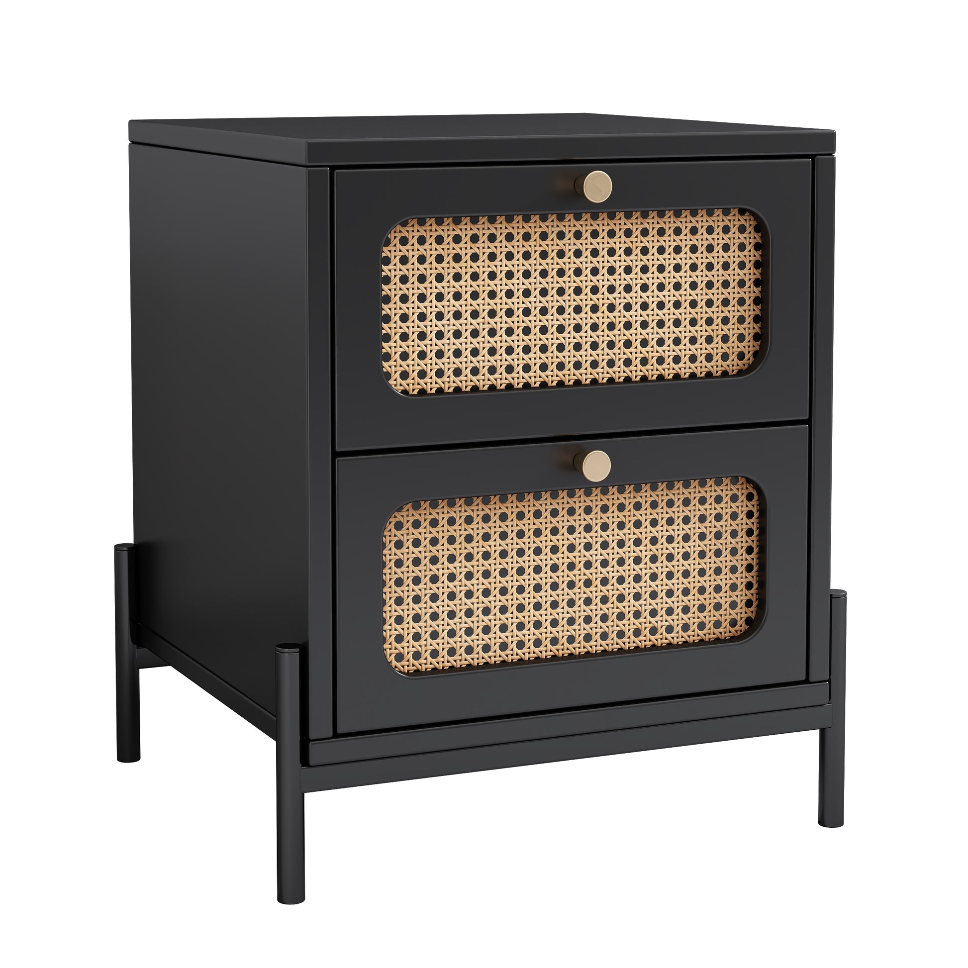 4 Pieces Modern Cannage Rattan Platform Queen Bed Nightstand*2 Dresser, Black Black Wood