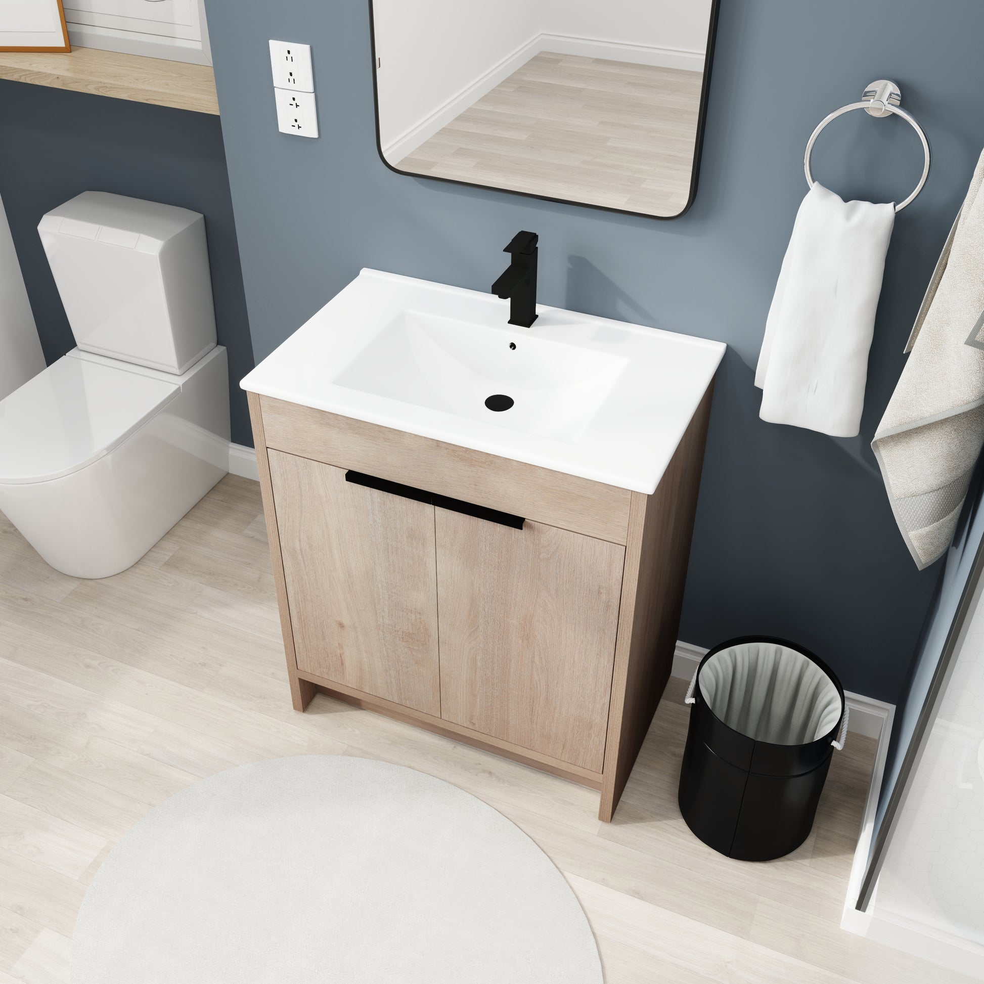 30 Inch Freestanding Bathroom Vanity With White Ceramic Sink & 2 Soft Close Cabinet Doors Bvb02430Plo Bl9075B W999S00063 Plain Light Oak 2 Bathroom Freestanding Modern Plywood