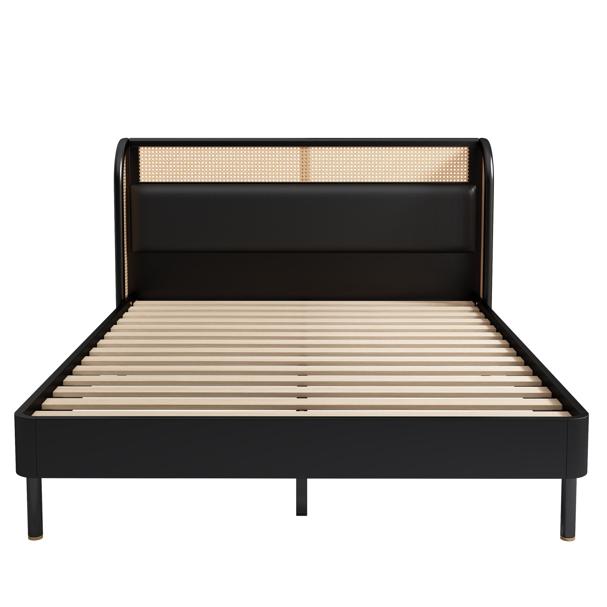 4 Pieces Modern Cannage Rattan Platform Queen Bed Nightstand*2 Dresser, Black Black Wood