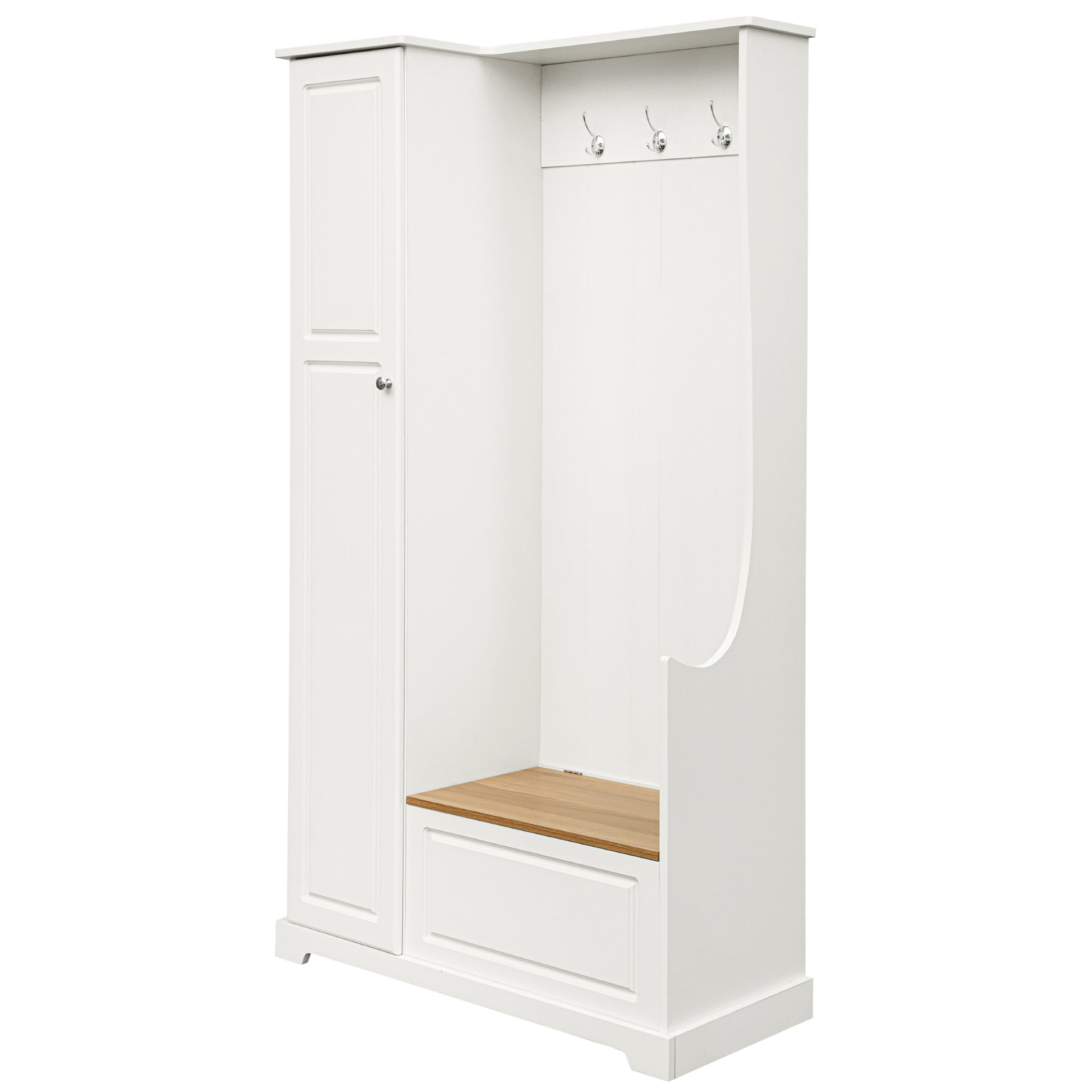 Stylish Design Hall Tree With Flip Up Bench, Minimalist Hallway Shoe Cabinet With Adjustable Shelves, Multifunctional Furniture With Hanging Hooks For Entryways, Mudroom, White High Back White