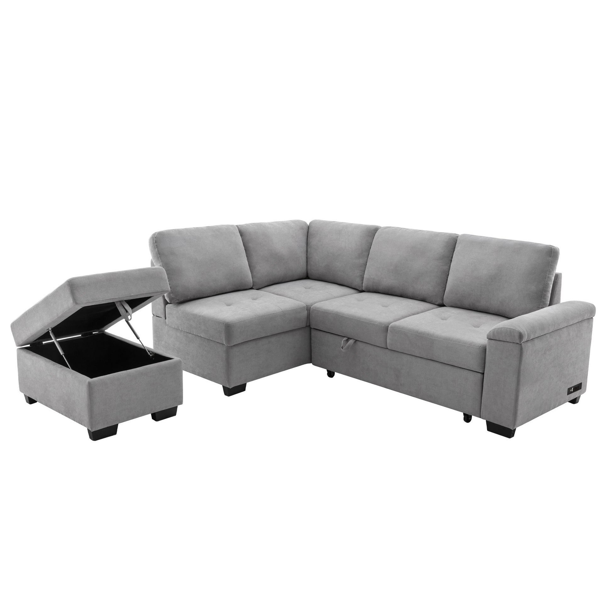 Sleeper Sectional Sofa, L Shape Corner Couch Sofa Bed With Storage Ottoman & Hidden Arm Storage & Usb Charge For Living Room Apartment, Gray Gray Velvet 4 Seat