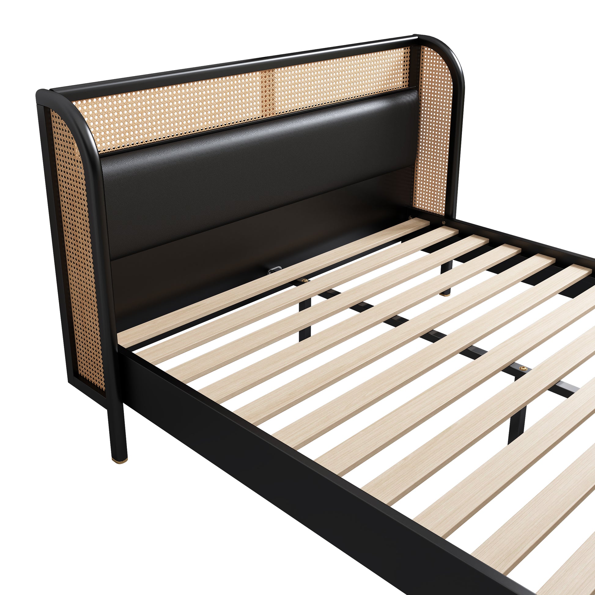 4 Pieces Modern Cannage Rattan Platform Queen Bed Nightstand*2 Dresser, Black Black Wood
