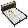 4 Pieces Modern Cannage Rattan Platform Queen Bed Nightstand*2 Dresser, Black Black Wood