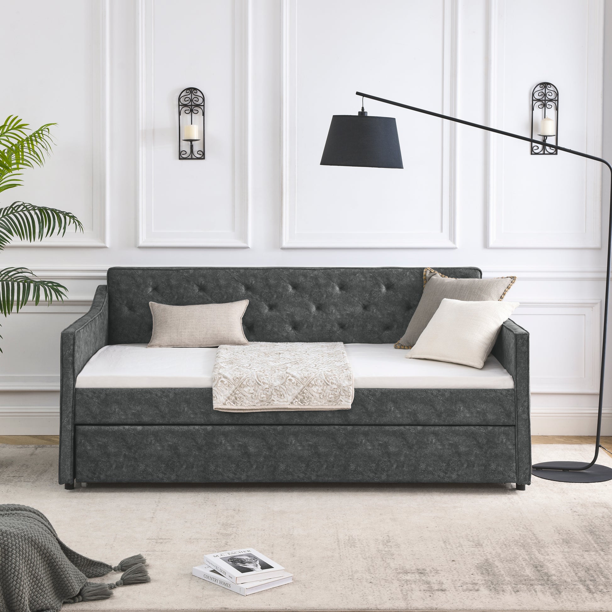 Twin Size Daybed With Twin Size Trundle Upholstered Tufted Sofa Bed, Waved Shape Arms, Grey 80.5"X44.5"X33.5" Grey Polyester