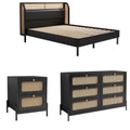 4 Pieces Modern Cannage Rattan Platform Queen Bed Nightstand*2 Dresser, Black Black Wood