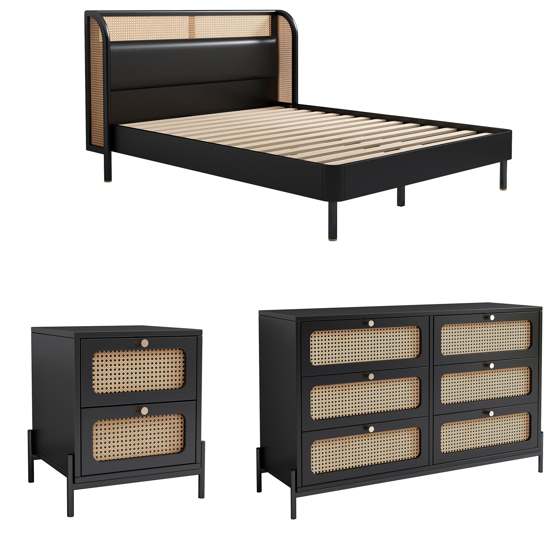 4 Pieces Modern Cannage Rattan Platform Queen Bed Nightstand*2 Dresser, Black Black Wood