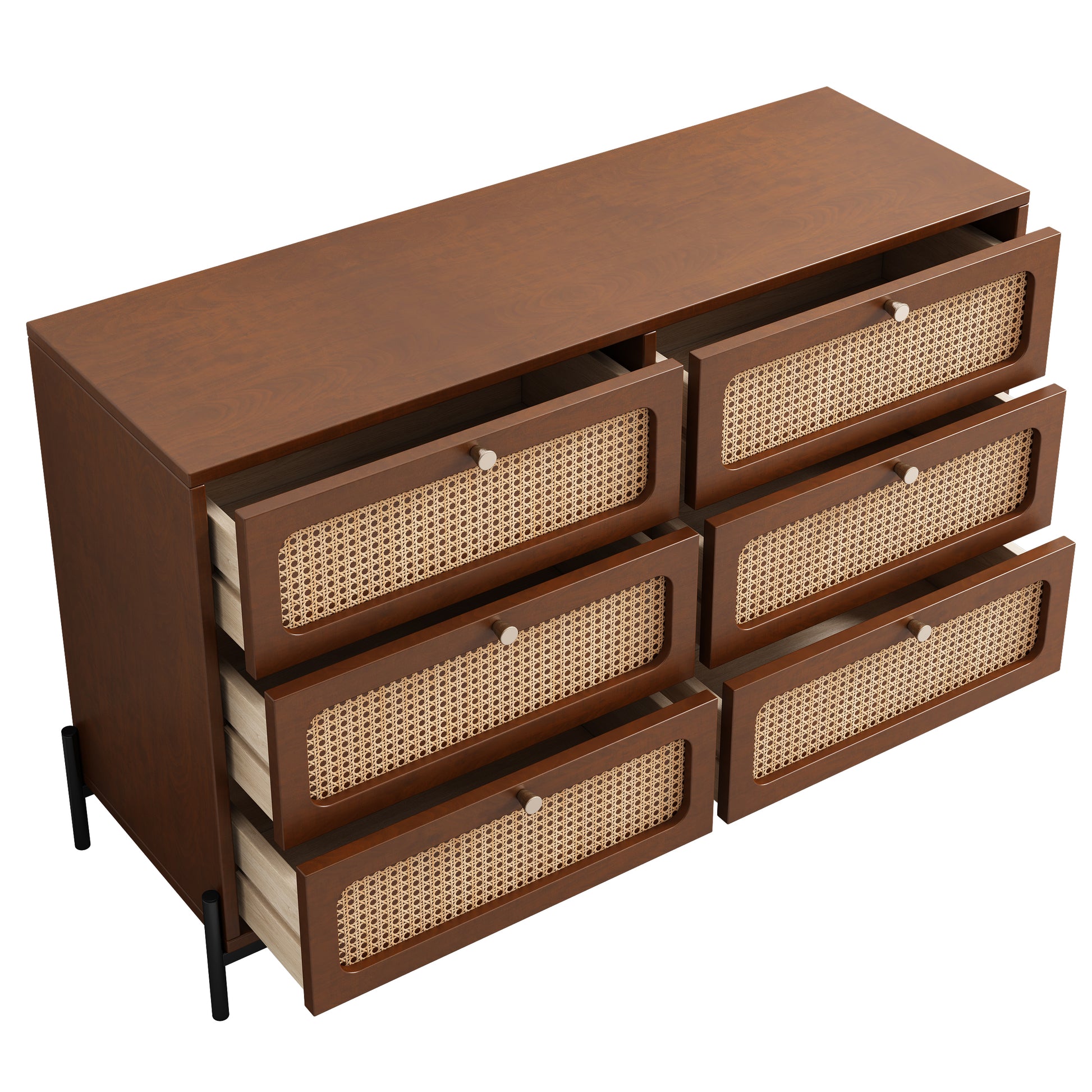 Modern Cannage Rattan Wood Closet 6 Drawer Dresser Wood Storage Cabinet Sideboard For Bedroom, Living Room, Entryway, Hallway, Walnut Walnut Wood