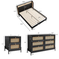 4 Pieces Modern Cannage Rattan Platform Queen Bed Nightstand*2 Dresser, Black Black Wood
