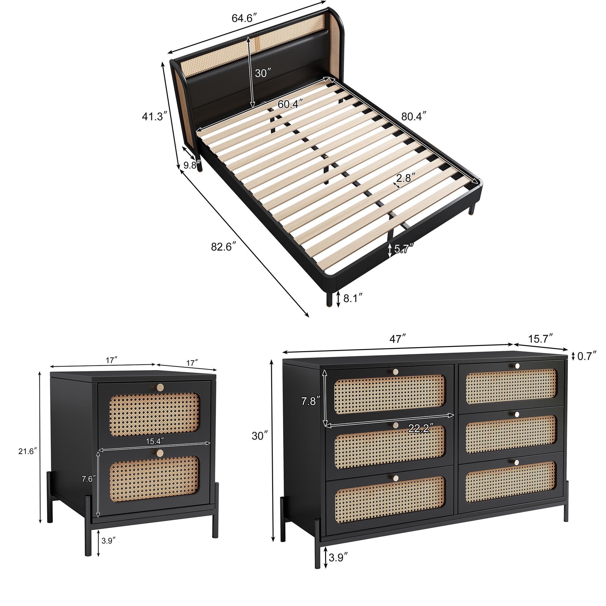 4 Pieces Modern Cannage Rattan Platform Queen Bed Nightstand*2 Dresser, Black Black Wood