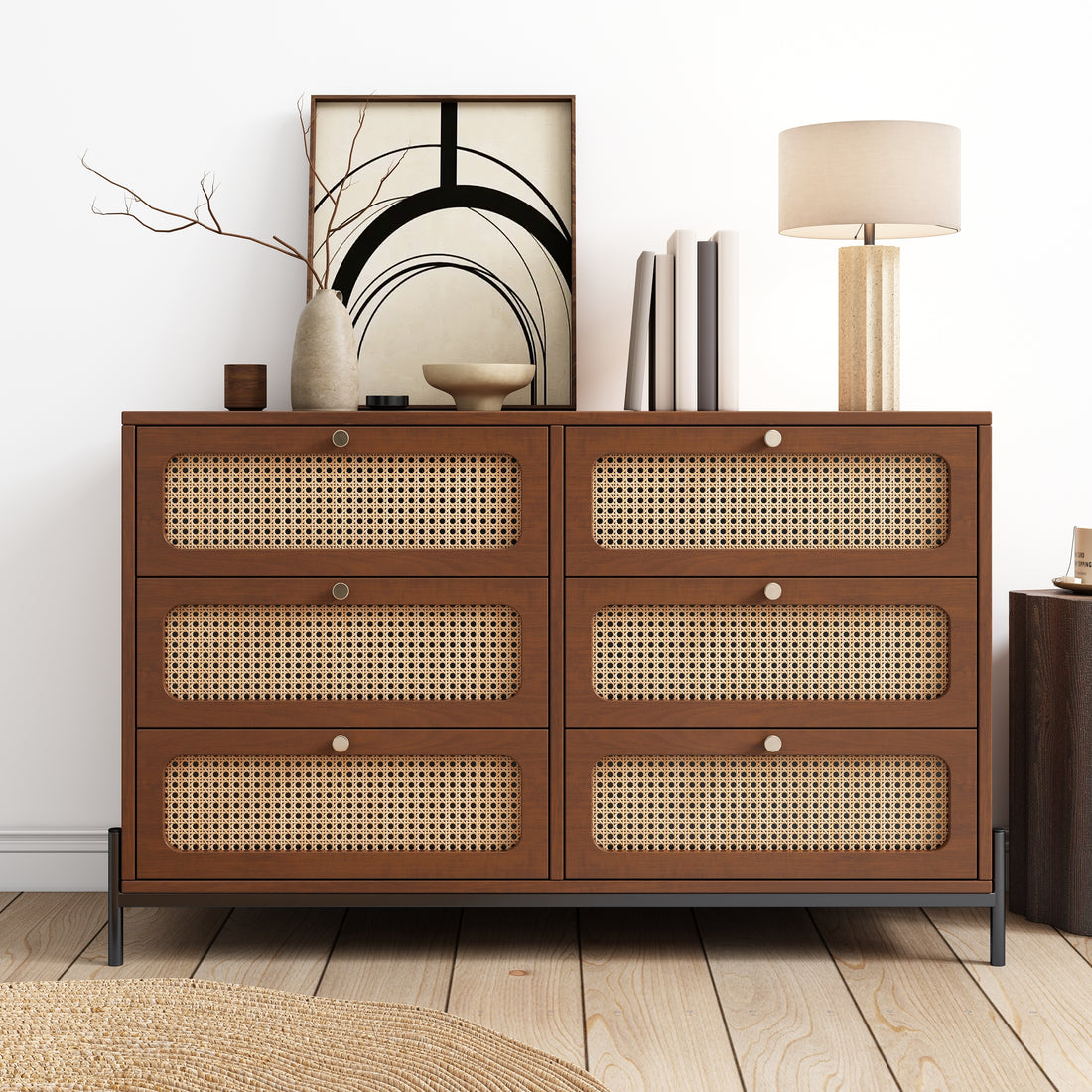 Modern Cannage Rattan Wood Closet 6 Drawer Dresser Wood Storage Cabinet Sideboard For Bedroom, Living Room, Entryway, Hallway, Walnut Walnut Wood